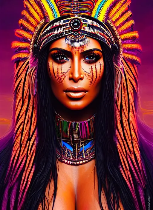 Image similar to portrait of kim kardashian, hyper detailed ultra sharp aztec shaman warrior. trending on artstation, warpaint aesthetic, bloodwave, colorful, psychedelic, ornate, intricate, digital painting, concept art, smooth, sharp focus, illustration, art by artgerm and greg rutkowski and h. r. giger, 8 k