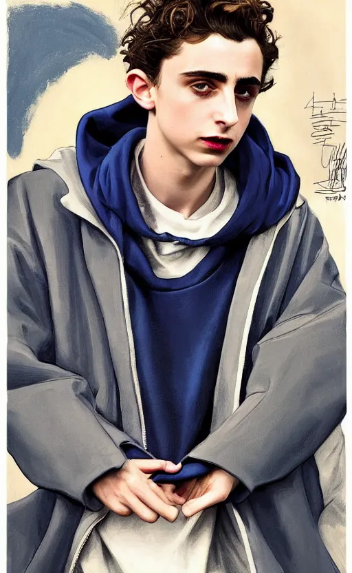 Image similar to Timothee Chalamet wearing hoodie, night time, looking at his reflection, +++ super super super dynamic posing, j.c. leyendecker, Valentina Remenar, kodachrome, thick eyebrows, super serious facial expression