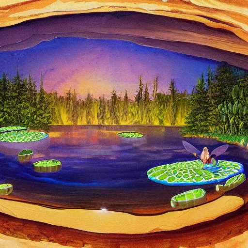 Prompt: a beautiful painting of a large underground lake with giant lily pads scattered across the surface with a rustic communal cabin sitting on an island with inviting lights illuminating the water and cave by moebius