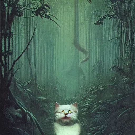 Prompt: An evil cat inside a rainforest, eerie, by Beksinski