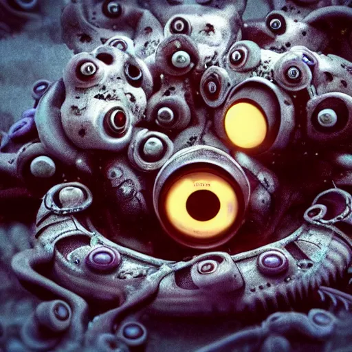 Image similar to a robot cyborg octopus, half octopus half machine, glowing eyes, underwater, murky, dark, ominous, film still