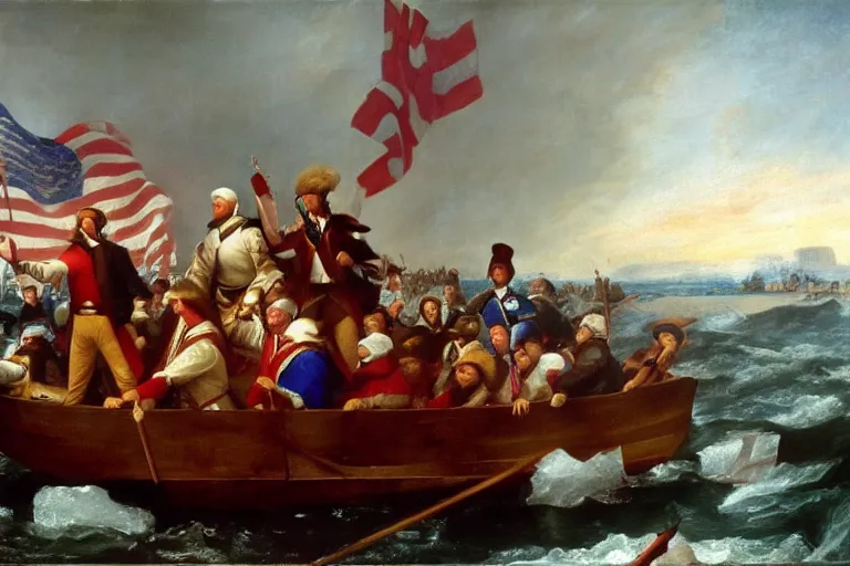 Image similar to Donald Trump crossing the delaware there is an arbys sign in the background by Emanuel Leutze