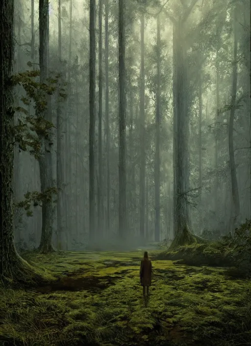 Image similar to hyper realistic eerie aylum far away in the woods, gorgeous lighting, blue sky, highly detailed, lush forest by zdzisław beksinski and norman rockwell and greg rutkowskiweta studio, and lucasfilm