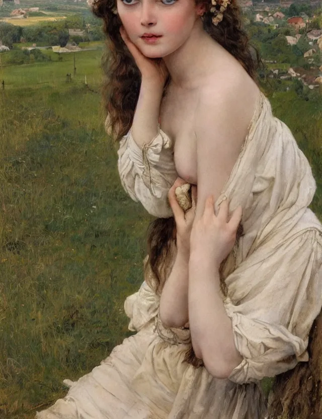 Image similar to tempting peasant girl with deep seductive décolleté looking in the camera, on a village, high angle view, portrait, Cinematic focus, Polaroid photo, vintage, neutral colors, soft lights, foggy, by Steve Hanks, by Serov Valentin, by lisa yuskavage, by Andrei Tarkovsky 8k render, detailed, oil on canvas