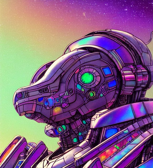 Prompt: a portrait of a mecha dragon in a iridescent intricate spacesuit, digital art, 4 k, synthwave color palette, galactic background, vintage sci - fi soft grainy, inspired moebius, inspired by tim white, in the style of studio ghibli