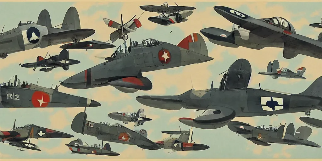 Prompt: world war two fighter planes, studio ghibli style, by tullio crali