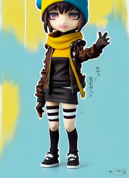 Image similar to nendoroid of a sewer punk lady student, beanie, tartan hoodie, blue eyes, frosty white hair by atey ghailan, by greg rutkowski, by greg tocchini, by james gilleard, by joe fenton, by kaethe butcher, gradient, yellow, black, brown and cyan color scheme, grunge aesthetic!!! white graffiti tag wall background