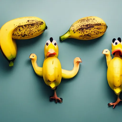 Image similar to professional photograph of banana ducks, peeled bananas with googly eyes and duck beaks