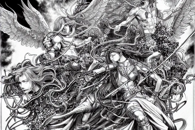 Image similar to hyper detailed illustration of angels battling demons, intricate linework, in the stlye of moebius, ayami kojima, 90's anime, retro fantasy