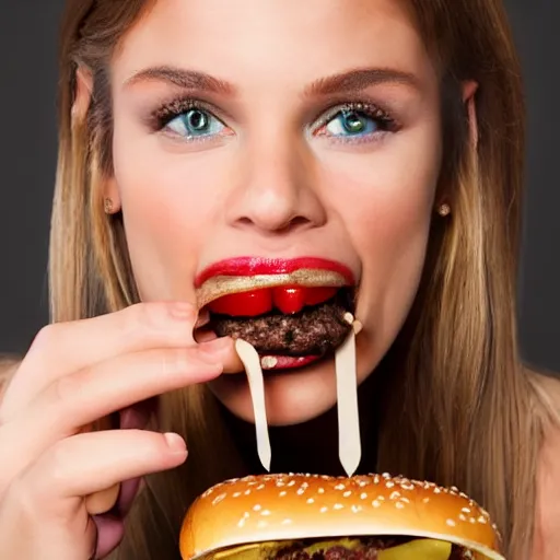 Prompt: an award winning photograph of a supermodel eating a cheeseburger with passion, she looks beautiful, she ’ s staring into the camera, studio lighting, magazine photo, highly detailed