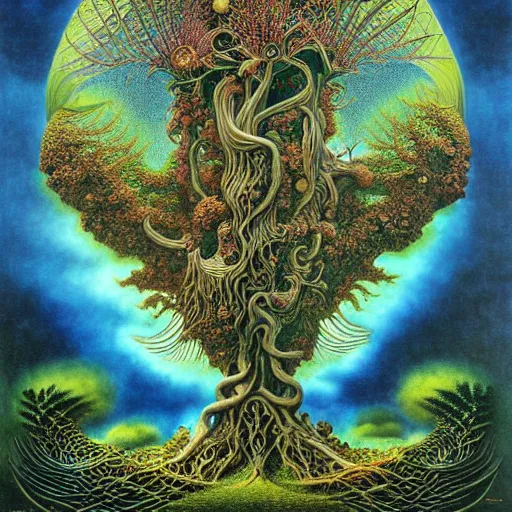 Prompt: sacred mulberry tree by roger dean and andrew ferez, art forms of nature by ernst haeckel, divine chaos engine, symbolist, visionary, art nouveau, botanical fractal structures, tree of life, lightning bolts, detailed, realistic, surreality