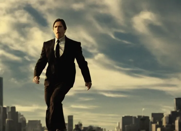 Prompt: film still of Christian Bale as Cobb with the world bending in the background in Inception, 4k