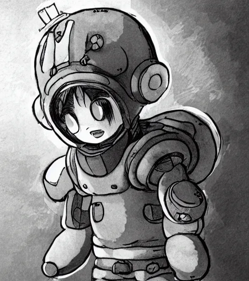 Prompt: beautiful little boy wearing an cyborg bear suit, artwork in kentaro miura and made in abyss and sakimichan, inspired in super bomberman, smooth, beautiful lightness, anatomically correct, trending on pixiv, space