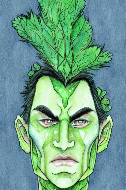 Image similar to green man with prominent cheekbones, deep dimples, and strong jawline. blue eyes, green skin, black hair with white streaks. fantasy portrait illustration, watercolor and colored pencils.