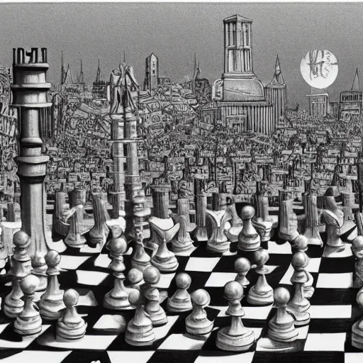 Image similar to concept art of a city whose inhabitants are chess pieces, by m. c. escher