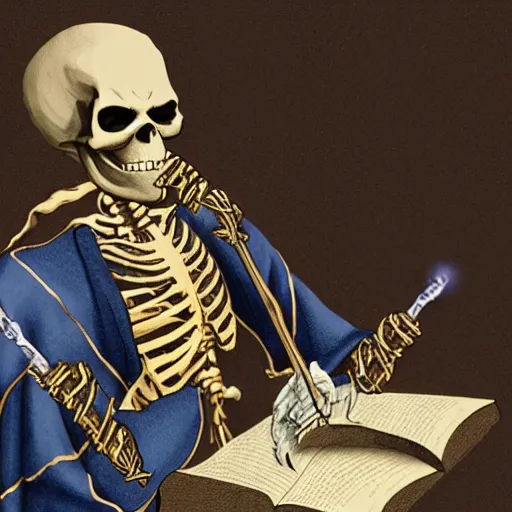 Prompt: hyper realistic skeleton wizard in a magic robe holding a golden staff reading a scroll