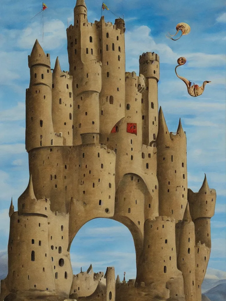 Prompt: a painting of a medieval castle alone on a flat empty plane painted in the style of Salvador Dali, surrealism