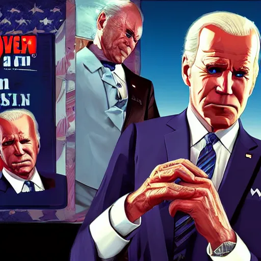 Prompt: evil version of joe biden in gta v, cover art by stephen bliss, boxart, loadscreen