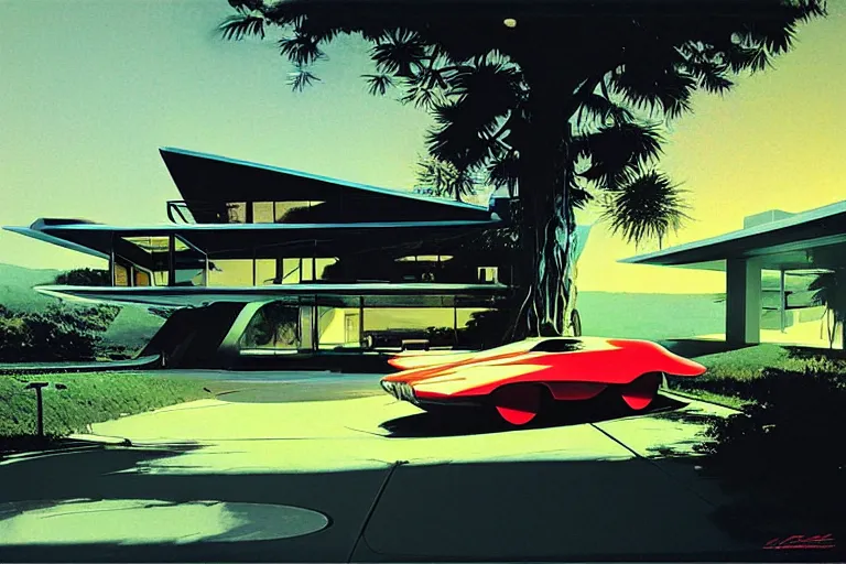 Prompt: retro futuristic car on driveway of futuristic house on hill, by syd mead, john berkey, jeremy mann, craig mullins, science fiction
