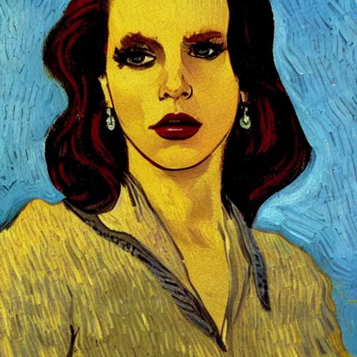 Image similar to portrait of lana del rey smoking a cigarette, oil painting, by van gogh