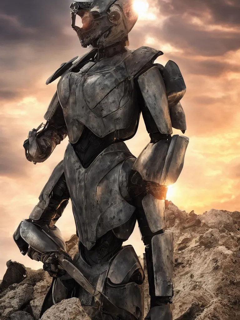 Image similar to emily blunt in futuristic power armor, close up portrait, solitary figure standing atop a pile of rubble, holding a sword on her shoulder, sunset and big clouds behind her