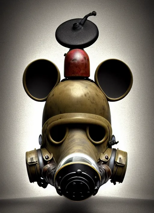 Image similar to 1 9 4 5 wartime mickey mouse head, gas mask, automotive, flower pop, porcelain, fractal, leathery, wet, broken, melting, rococo, mycelium, baroque, sumerian, radiant alien, magic kingdom, octane render, high detail