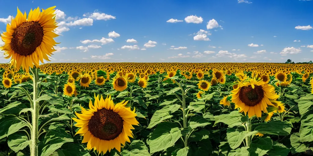 Image similar to sunflower field, blue sky, middle of field burning russian tank.