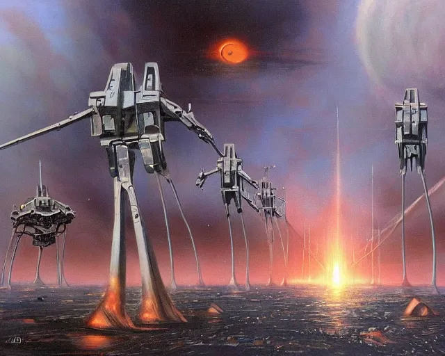 Image similar to The tripods, sci-fi cinematic scene by Jim Burns