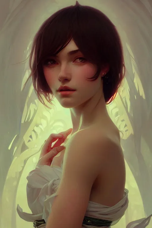 Image similar to a beautiful maidenn, fantasy, portrait, sharp focus, intricate, elegant, digital painting, artstation, matte, highly detailed, concept art, illustration, ambient lighting, art by ilya kuvshinov, artgerm, Alphonse mucha, and Greg Rutkowski