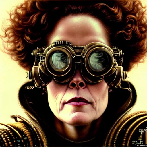 Prompt: closeup portrait shot of sigourney weaver wearing steampunk goggles in a scenic dystopian environment, intricate, elegant, highly detailed, centered, digital painting, artstation, concept art, smooth, sharp focus, illustration, artgerm, tomasz alen kopera, peter mohrbacher, donato giancola, joseph christian leyendecker, wlop, boris vallejo