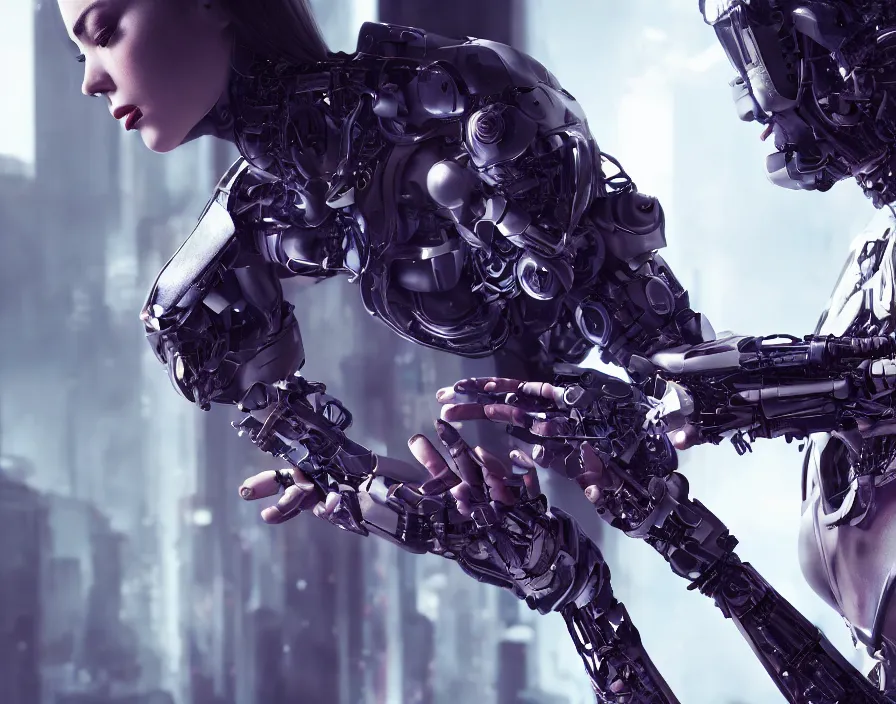 Image similar to a cyborg girl fixing her detached arm, cyberpunk, realistic fingers, realistic body, realistic clothing, beautiful texture, beautiful graphics, fantasy artwork, very beautiful scenery, hd, hdr, ue 5, ue 6, unreal engine 5, cinematic 4 k wallpaper, 8 k, ultra detailed