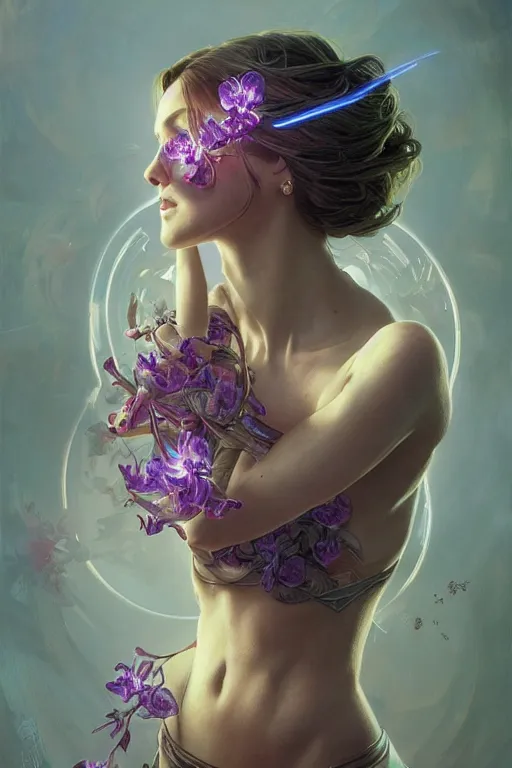 Image similar to Ultra realistic illustration, beautiful woman turning into an orchid, cyberpunk, sci-fi, fantasy, intricate, elegant, highly detailed, digital painting, artstation, concept art, smooth, sharp focus, illustration, art by artgerm and greg rutkowski and alphonse mucha, rene magritte, surrealism