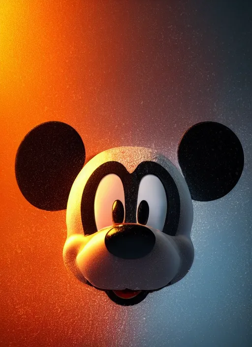 Image similar to Mickey mouse, fractal, broken, wet, mycelium, radiant alien, rococo, baroque, automotive, bio-mechanical, porcelain, iridescent sub surface scattering, octane render