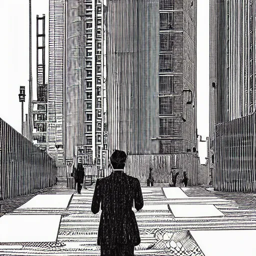 Image similar to a tall man standing next to a huge car in a street, tokyo city in the background, people walking in the distance, reflections on wet streets, dieselpunk style, steampunk, art by jean giraud and juan gimenez ; architecture by francois schuiten, beautiful illustration, drawing, painting, clean lines, digital art, symmetric, colorful retrofutur, artstation