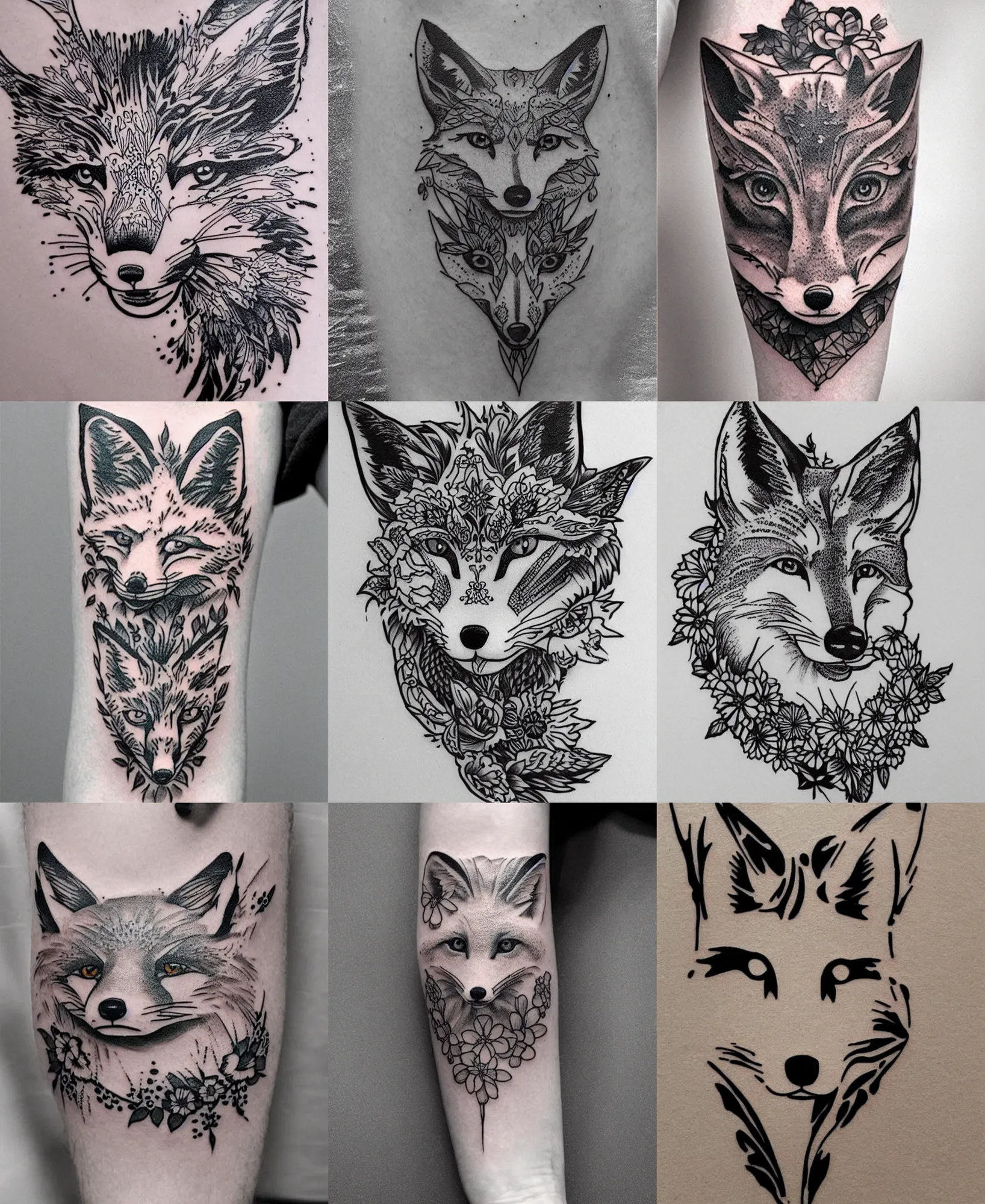 Image similar to amazing detailed tattoo stencil of a floral realistic fox