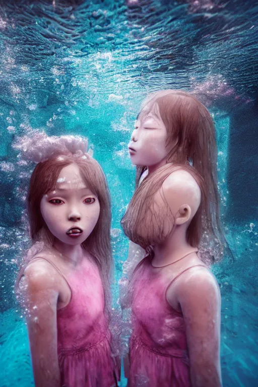 Image similar to 3d realistic dramatic infrared photo of two schoolgirls sisters with a realistic cute face fighting in a dark subway station under water in Japan. Close-up portrait. There are pink palm trees and translucent glow jellyfish flying around. Volumetric composition. Pastel colors in the style of Hiro Kiyohara, redshift, octane, trend artstation, cinematic, hyper realism, high detail, 8k