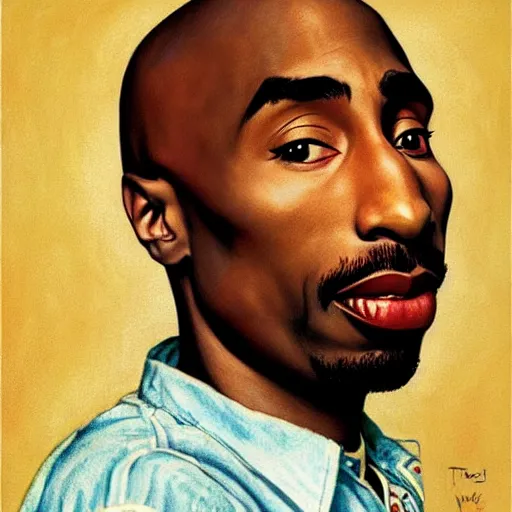 Image similar to Tupac, illustrated in whimsical style, Illustration by Norman Rockwell, loish, oil painting,