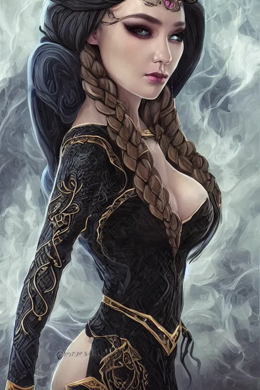 Prompt: elf sorceress with braided white hair in a beehive style, character portrait wearing black silk looking over one shoulder, concept art, intricate details, highly detailed photorealistic portrait in the style of adam hughes, seseon yoon, artgerm and warren louw