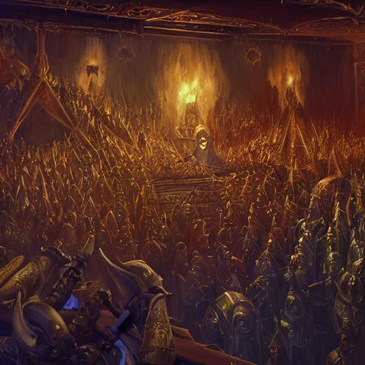 Image similar to satanists in masonic lodge during a medieval battle, warcraft style, realistic 4k octane beautifully detailed render, 4k post-processing, highly detailed, intricate complexity, epic composition, magical atmosphere, cinematic lighting, masterpiece, ultra hd