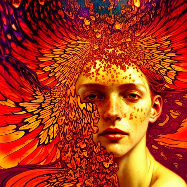 Image similar to psychedelic transcendent freckled face mind bending psychedelic wings of glossy liquid honey flowing like kaleidoscopic translucent amber, lsd feathers, honey wind, enlightenment, high contrast dappled lighting, refracted sunset, highly detailed, concept art, art by collier, albert aublet, krenz cushart, artem demura, alphonse mucha