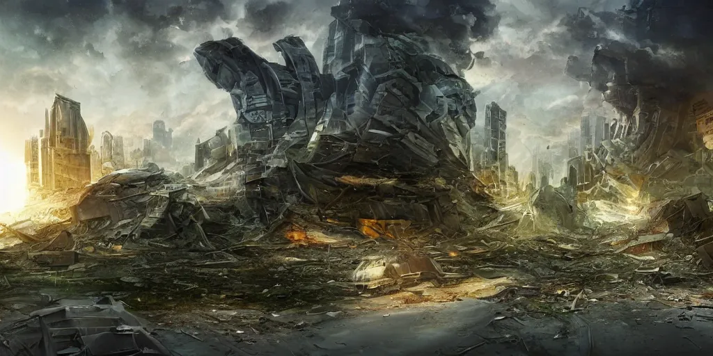 Image similar to damaged city, high - tech, concept art, forest, tornado, war, spaceship