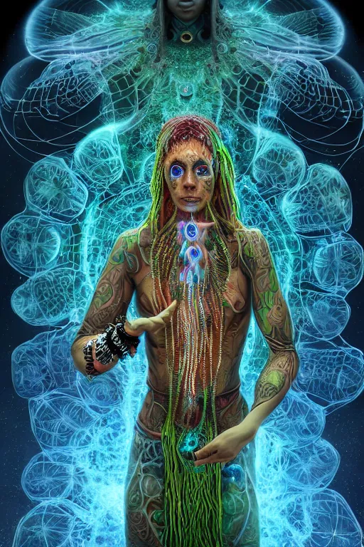 Image similar to full body psychedelic shaman with trinket necklace, epic angle and pose, symmetrical artwork, 3d with depth of field, blurred background, cybernetic jellyfish robotic face skull ayahuasca, translucent, fungus, energy flows of water and fire. a highly detailed epic cinematic concept art CG render. made in Maya, Blender and Photoshop, octane render, excellent composition, cinematic dystopian brutalist atmosphere, dynamic dramatic cinematic lighting, aesthetic, very inspirational, arthouse, Greg Rutkowski, Ilya Kuvshinov, WLOP, Stanley Artgerm Lau, Ruan Jia and Fenghua Zhong