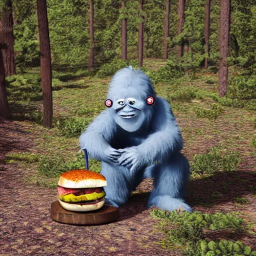 Image similar to anthropomorphic 3D yeti eating cheeseburger in forest