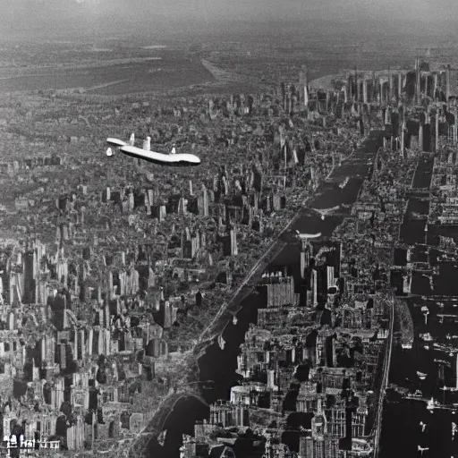 Image similar to aerial view of new york in 1940 with the sky full of zeppelins