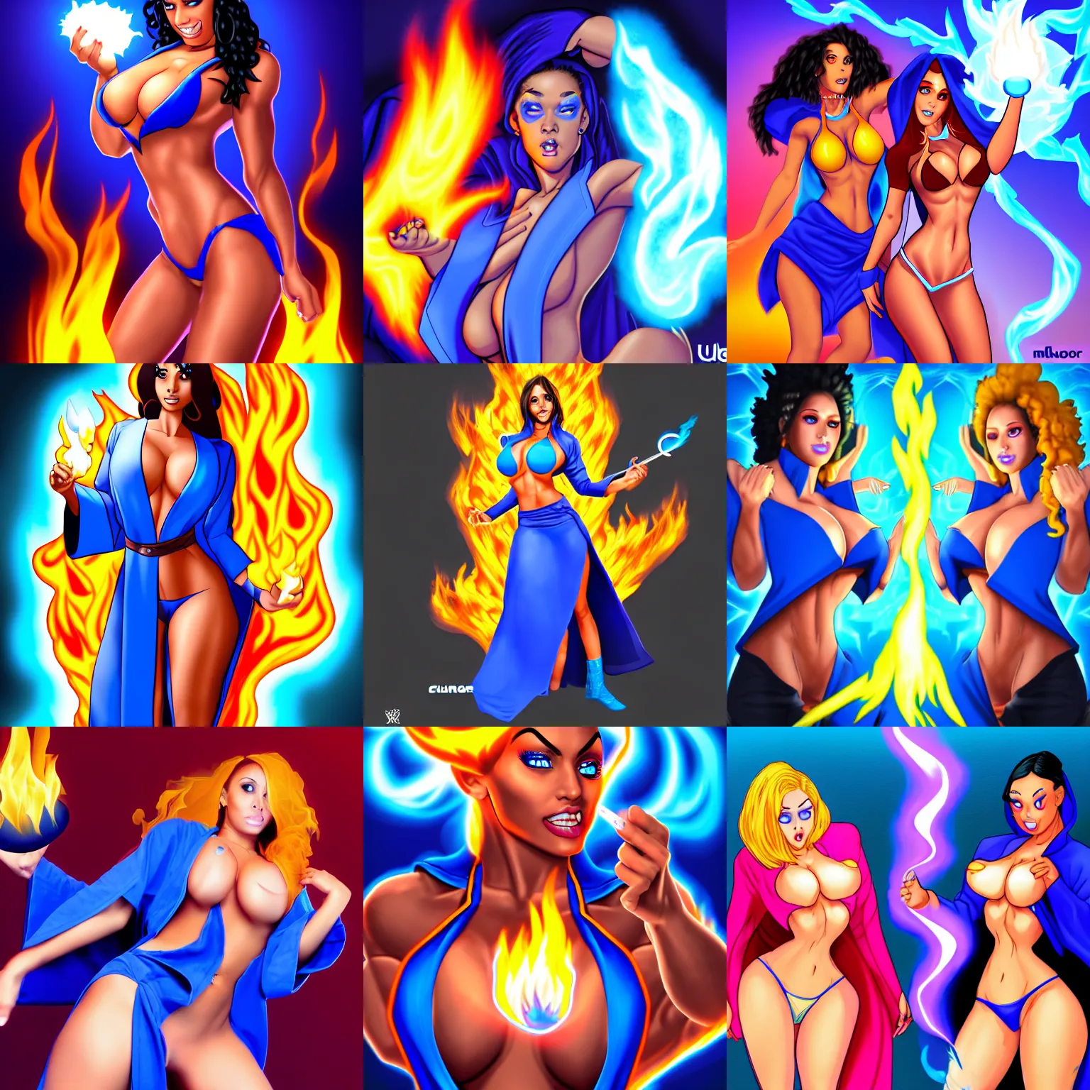 Prompt: Who : a mage with a blue robe casting a fire ball; Physical : Ella Knox & Beverly Paige exact same body ; IMPORTANT : Clumzor official splash art, award winning, trending on Clumzor characters art