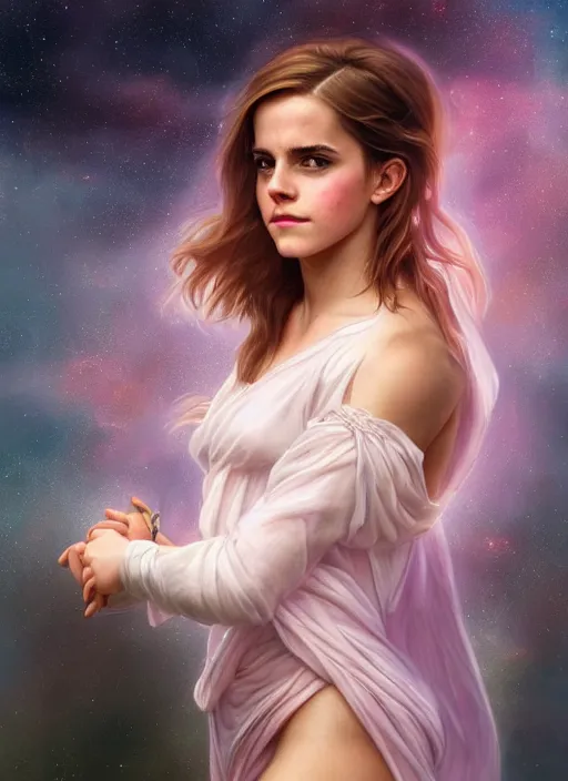 Image similar to emma watson as nature magic celestial, bottom up pose, long hair, soft pink and white transparent cloth, space, D&D, shiny background, intricate, elegant, highly detailed, digital painting, artstation, concept art, smooth, sharp focus, illustration, artgerm, bouguereau