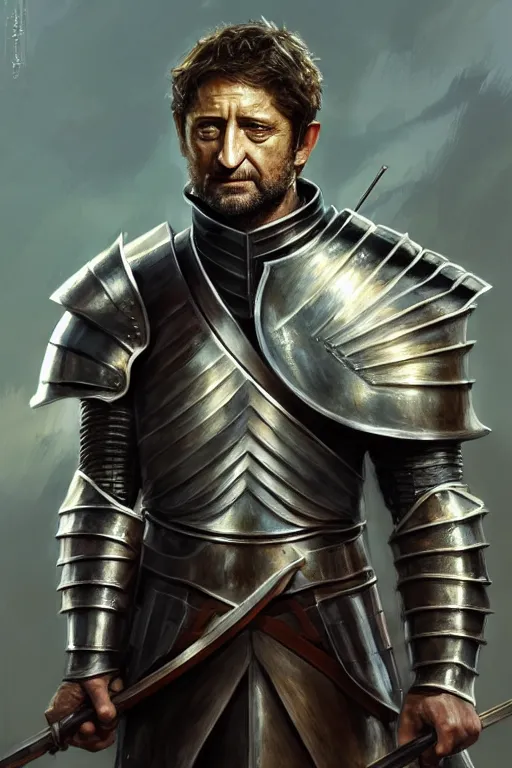 Image similar to portrait gerard butler as a knight with melon armor, greek, intricate, headshot, key visual, conceptart, ambient lighting, highly detailed, digital painting, artstation, concept art, sharp focus, by makoto shinkai and akihiko yoshida and greg manchess