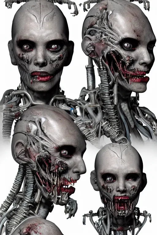 Image similar to cyborg zombie queen with gunmetal grey skin, medical anatomy, very symmetrical face, highly detailed, mecha, three - perspective / three - view reference sheet ( front / back / side ), in the style of james gurney, dan ouellette, hr giger, sil from species, dren from splice, biomechanical, artstation, unreal engine