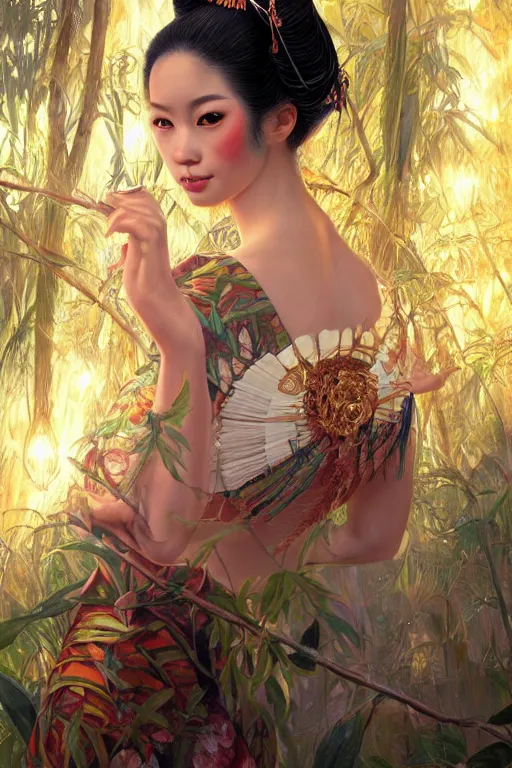 Image similar to stunningly beautiful, peruvian geisha prima ballerina in jungle, symmetrical face, golden hour, smooth, focus, highly detailed, hyper realistic, dramatic lighting, elegant, intricate, concept art, art by wlop, mars ravelo, greg rutowski, artstation