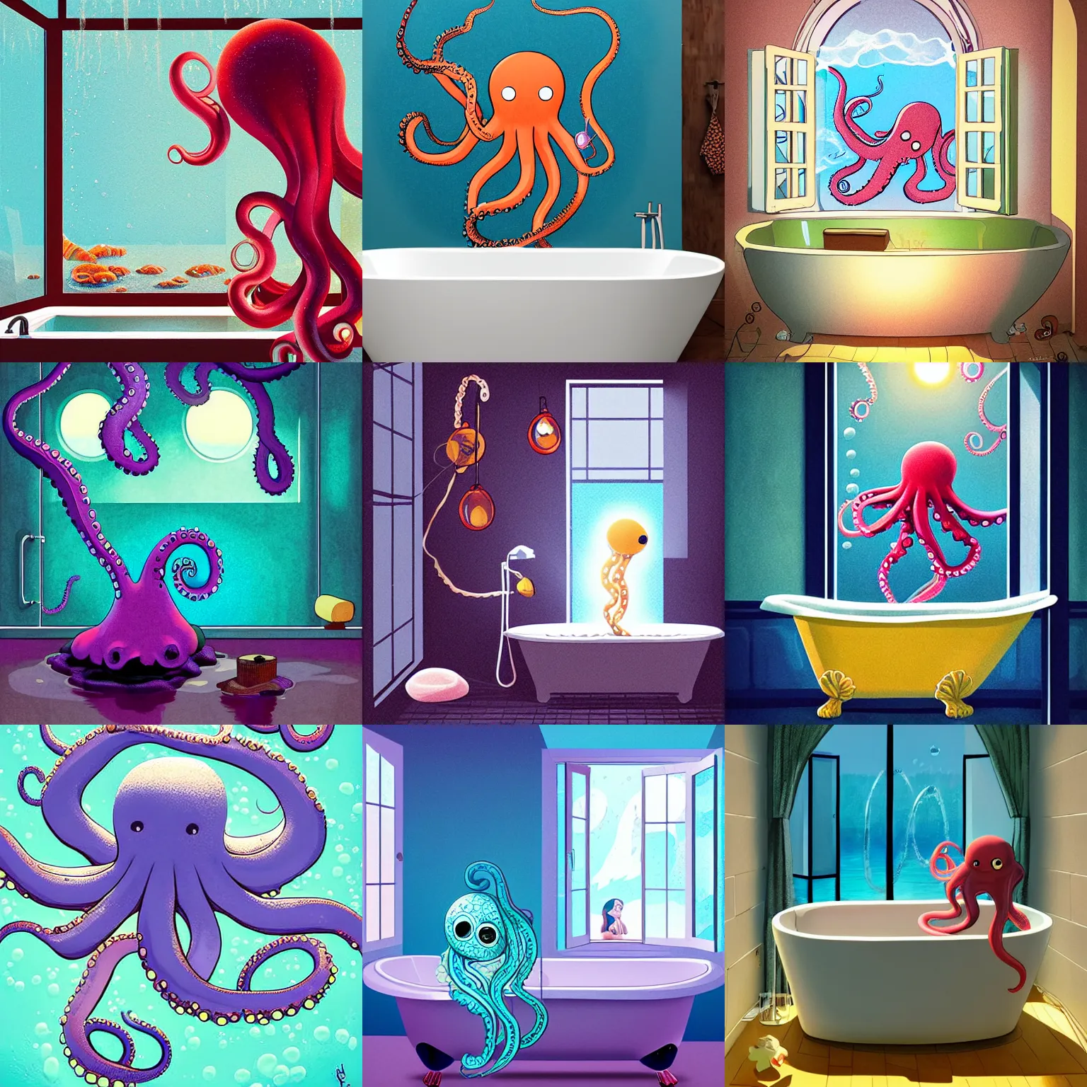 Prompt: octopus in bath, bubble, water, sponge, soap, tiles, window, bright, dramatic light, magical light, illustration by artbyjulia, ilya kuvshinov, loish